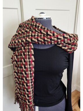 Vintage Woven Fringe Shawl Wrap Scarf In Red, Black, Green & Beige
